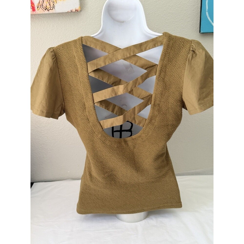 Anthropologie Mixed Media Textured Puff Sleeve Top Brown XS NWOT